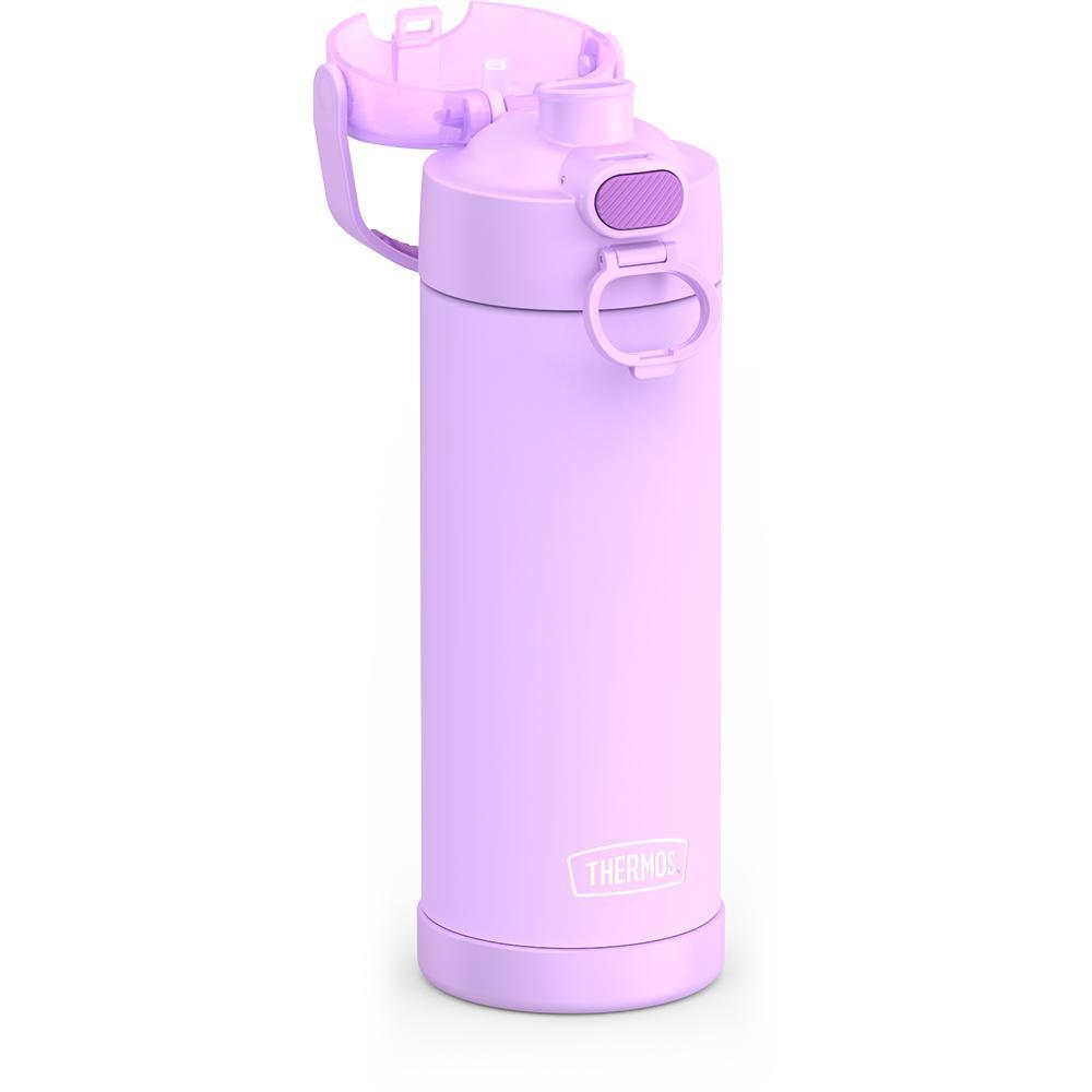 16-ounce Funtainer Stainless Steel Water Bottle with Spout and locking lid, Neon Purple, side view, lid open showing spout.