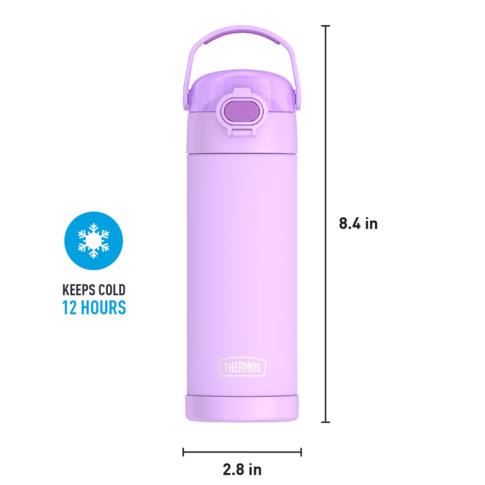 16-ounce Funtainer Stainless Steel Water Bottle with Spout and locking lid, Neon Purple, front view with handle up. 8.4 inches tall, 2.8 inches wide at base. Keeps Cold 12 Hours.