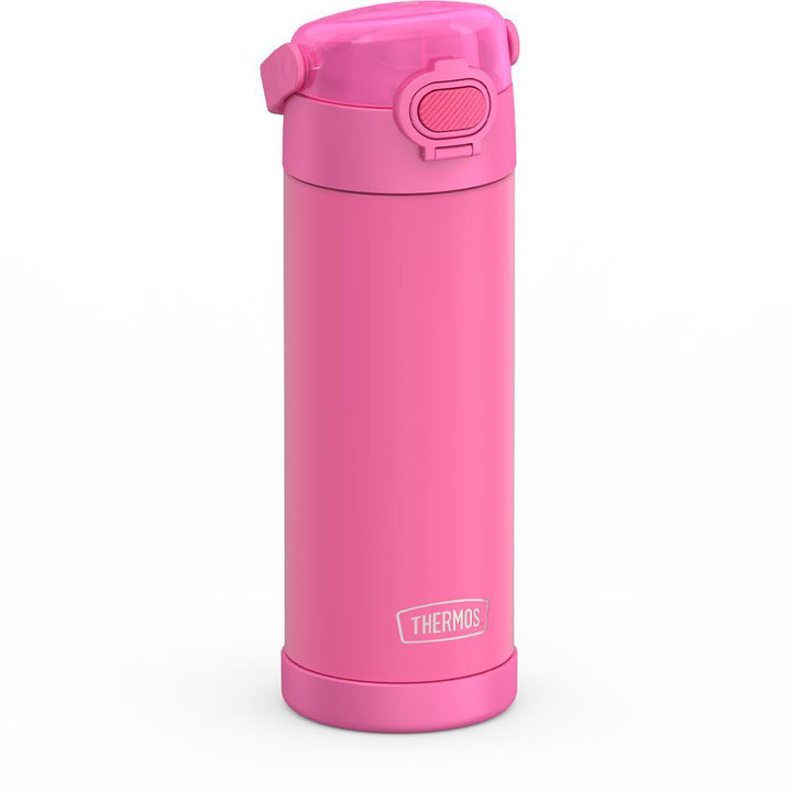 16-ounce Funtainer Stainless Steel Water Bottle with Spout and locking lid, Neon Pink, side view, handle down.