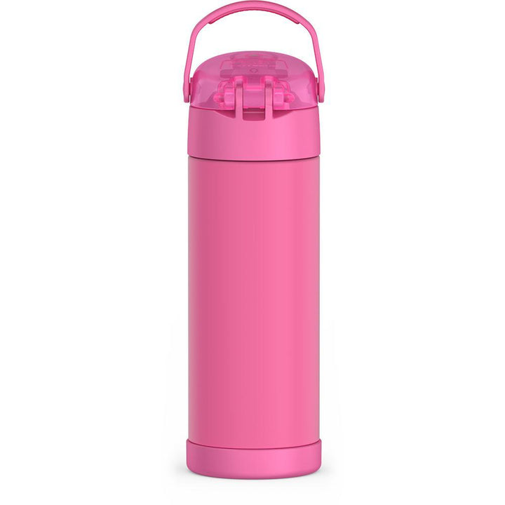 16-ounce Funtainer Stainless Steel Water Bottle with Spout and locking lid,  back view, handle up, Neon Pink.