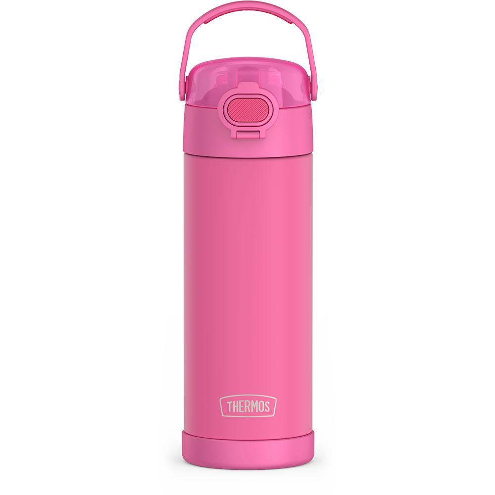 16-ounce Funtainer Stainless Steel Water Bottle with Spout and locking lid, Neon Pink, front view, handle up.