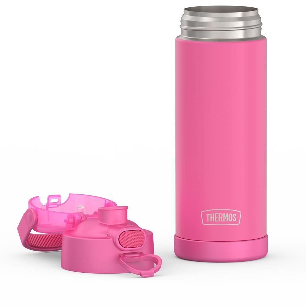 16-ounce Funtainer Stainless Steel Water Bottle with Spout and locking lid, Neon Pink, lid removed and open.