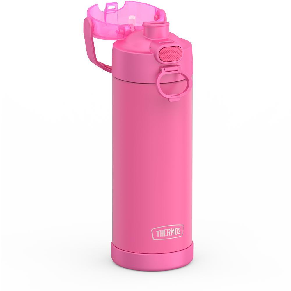 16-ounce Funtainer Stainless Steel Water Bottle with Spout and locking lid, Neon Pink, side view, lid open showing spout.