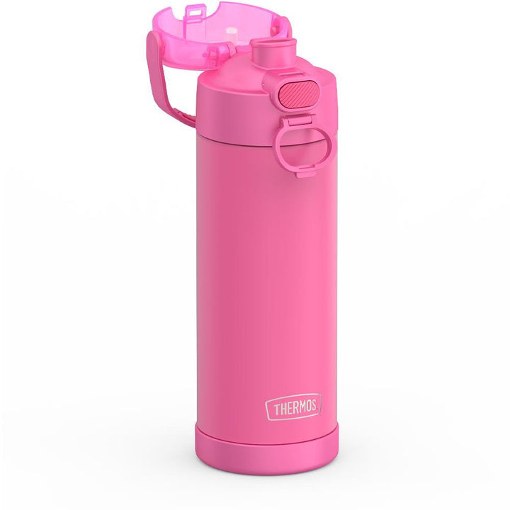 16-ounce Funtainer Stainless Steel Water Bottle with Spout and locking lid, Neon Pink, side view, lid open showing spout.