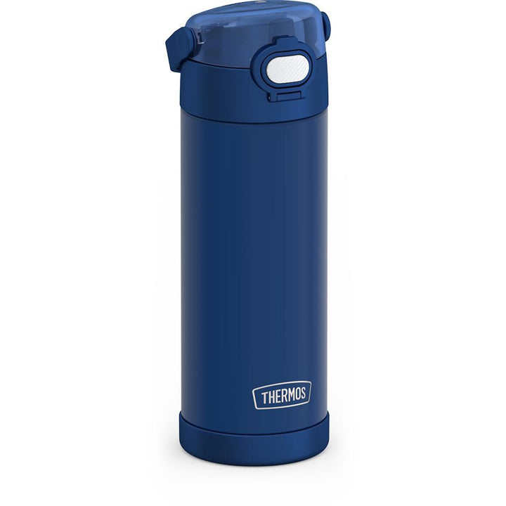 16-ounce Funtainer Stainless Steel Water Bottle with Spout and locking lid, Dark Navy, side view, handle down.