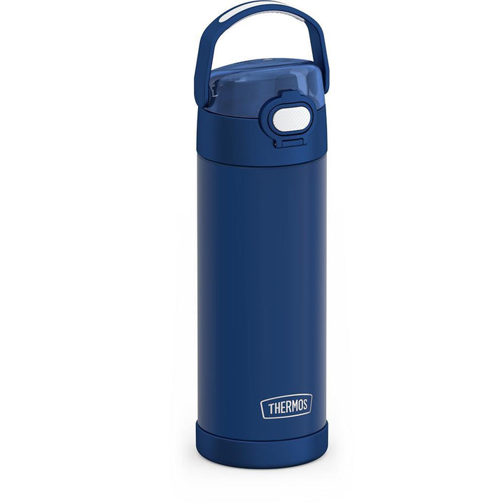 16-ounce Funtainer Stainless Steel Water Bottle with Spout and locking lid, Dark Navy, front view, handle up.