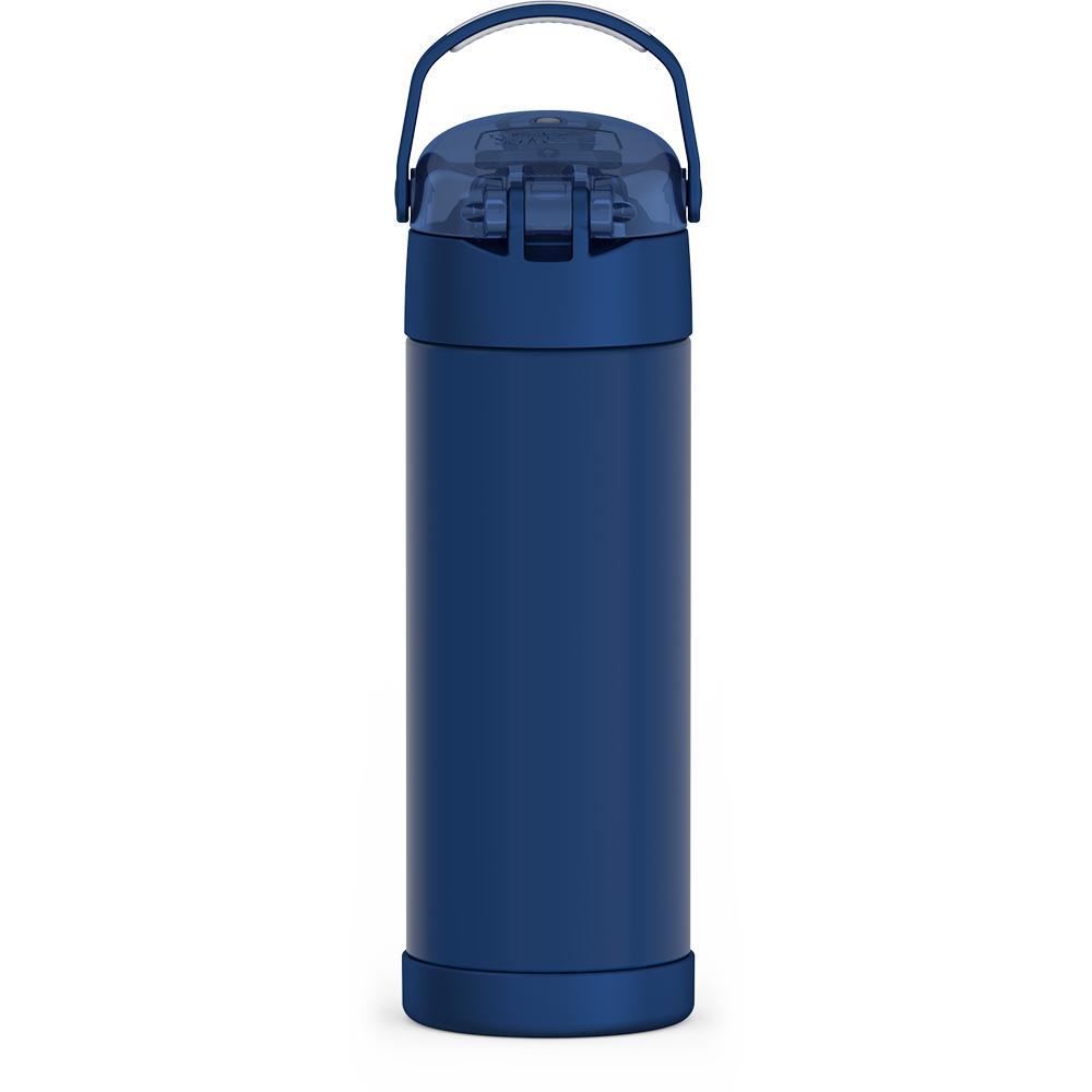 16-ounce Funtainer Stainless Steel Water Bottle with Spout and locking lid,  back view, handle up, Dark Navy.