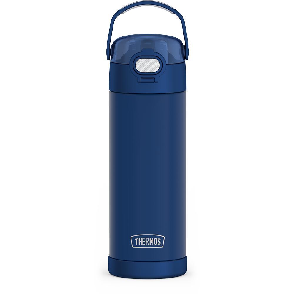 16-ounce Funtainer Stainless Steel Water Bottle with Spout and locking lid, Dark Navy, front view, handle up.