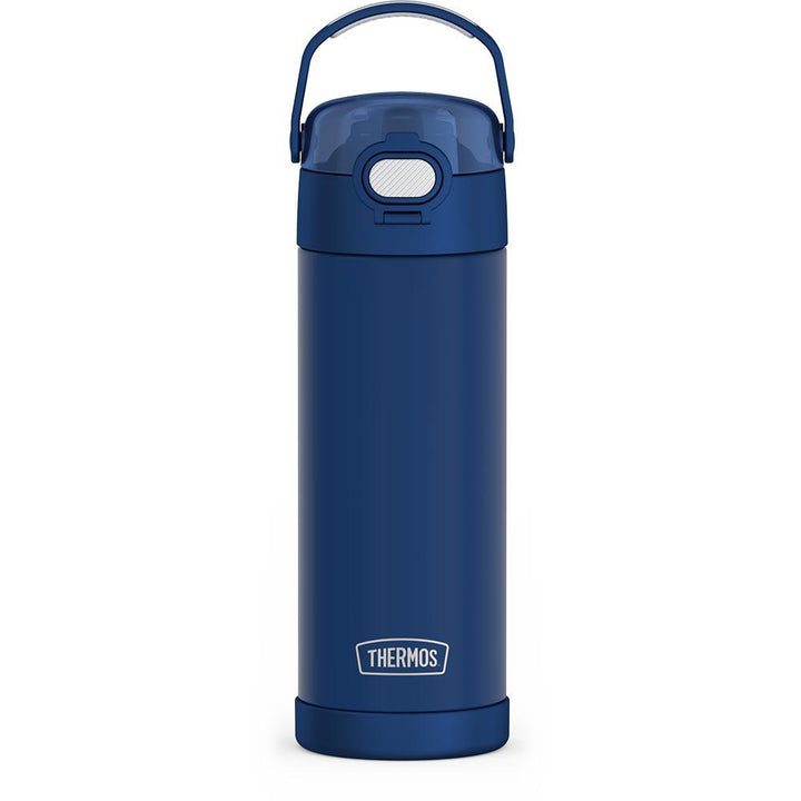 16-ounce Funtainer Stainless Steel Water Bottle with Spout and locking lid, Dark Navy, front view, handle up.