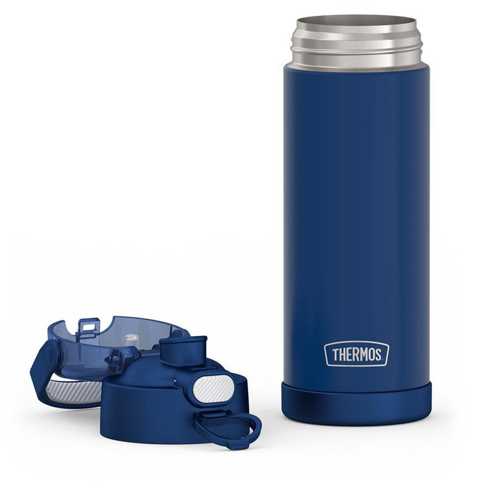 16-ounce Funtainer Stainless Steel Water Bottle with Spout and locking lid, Dark Navy, lid removed.