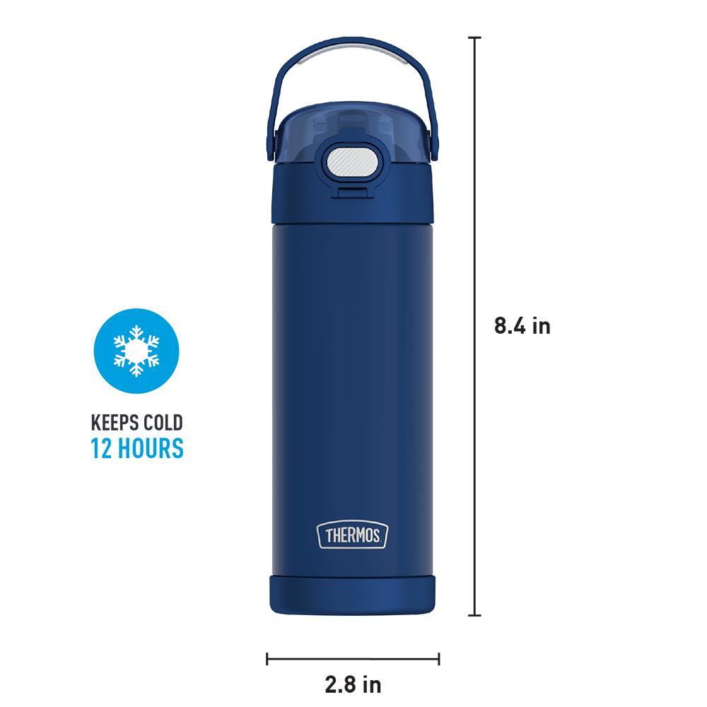 16-ounce Funtainer Stainless Steel Water Bottle with Spout and locking lid, Dark Navy, front view with handle up. 8.4 inches tall, 2.8 inches wide at base. Keeps Cold 12 Hours.