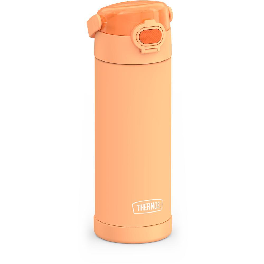 16-ounce Funtainer Stainless Steel Water Bottle with Spout and locking lid, Orange, side view, handle down.
