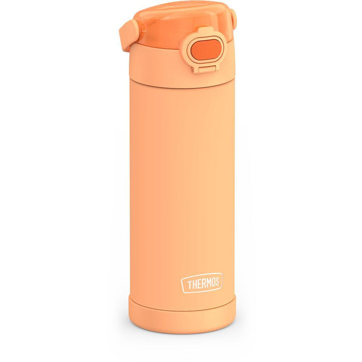 16-ounce Funtainer Stainless Steel Water Bottle with Spout and locking lid, Orange, side view, handle down.