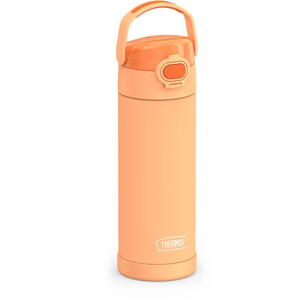 16-ounce Funtainer Stainless Steel Water Bottle with Spout and locking lid, Orange, side view, handle up.