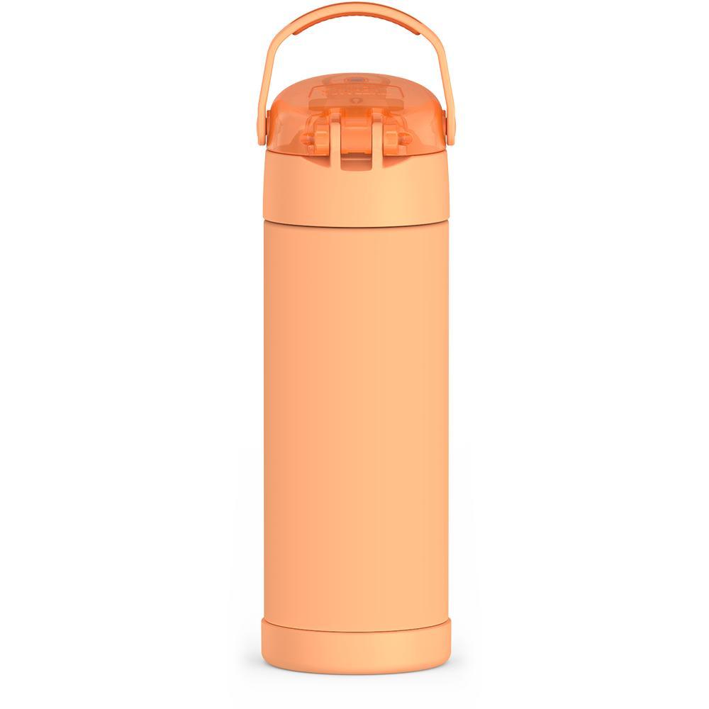 16-ounce Funtainer Stainless Steel Water Bottle with Spout and locking lid,  back view, handle up, Orange.