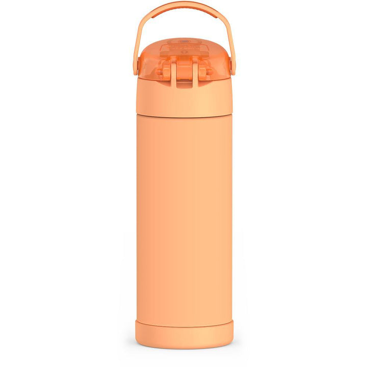 16-ounce Funtainer Stainless Steel Water Bottle with Spout and locking lid,  back view, handle up, Orange.