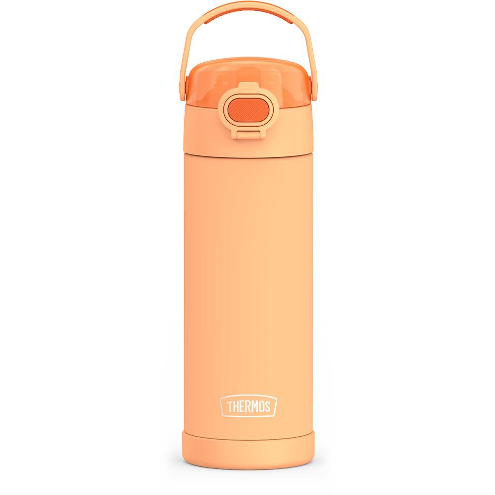 16-ounce Funtainer Stainless Steel Water Bottle with Spout and locking lid, Orange, front view, handle up.