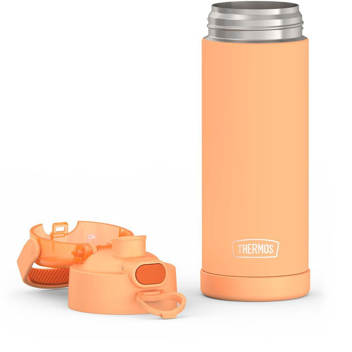 16-ounce Funtainer Stainless Steel Water Bottle with Spout and locking lid, Orange, lid removed and open.