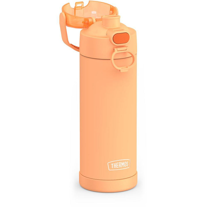 16-ounce Funtainer Stainless Steel Water Bottle with Spout and locking lid, Orange, side view, lid open showing spout.