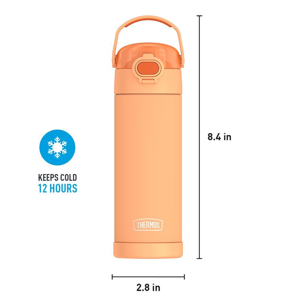 16-ounce Funtainer Stainless Steel Water Bottle with Spout and locking lid, Orange, front view with handle up. 8.4 inches tall, 2.8 inches wide at base. Keeps Cold 12 Hours.