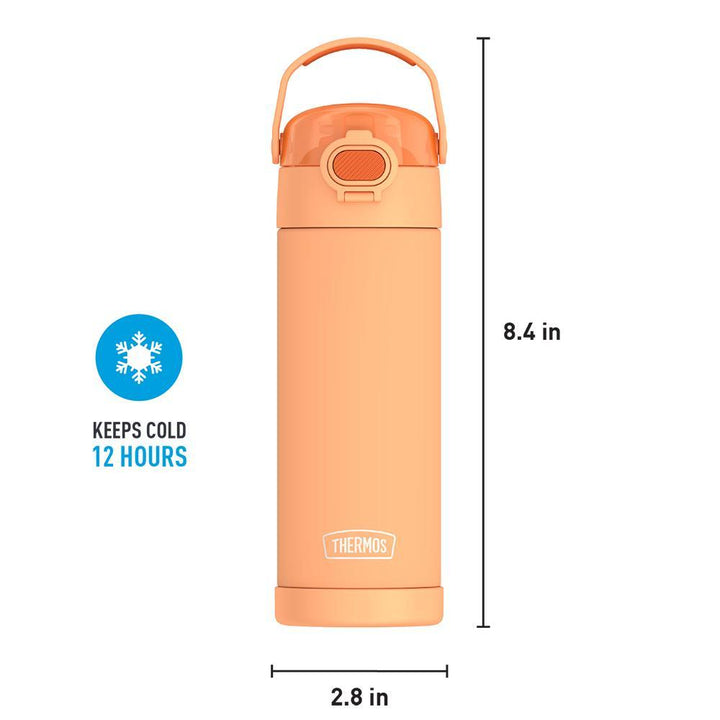 16-ounce Funtainer Stainless Steel Water Bottle with Spout and locking lid, Orange, front view with handle up. 8.4 inches tall, 2.8 inches wide at base. Keeps Cold 12 Hours.