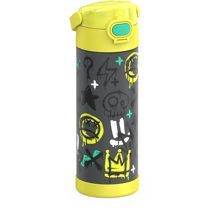 16-ounce Funtainer Stainless Steel Water Bottle with Spout and locking lid, Yellow Graffiti, side view, handle down.