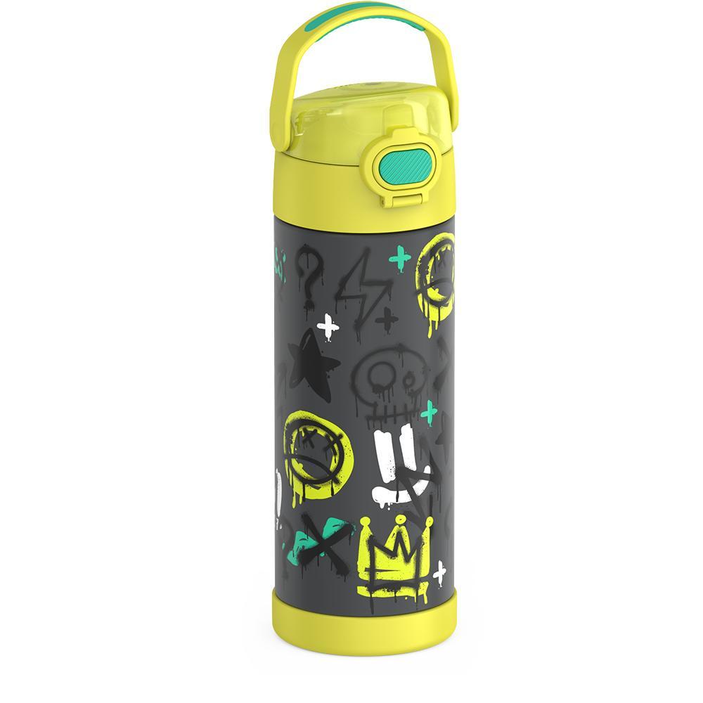 16-ounce Funtainer Stainless Steel Water Bottle with Spout and locking lid, Yellow Graffiti, side view, handle up.