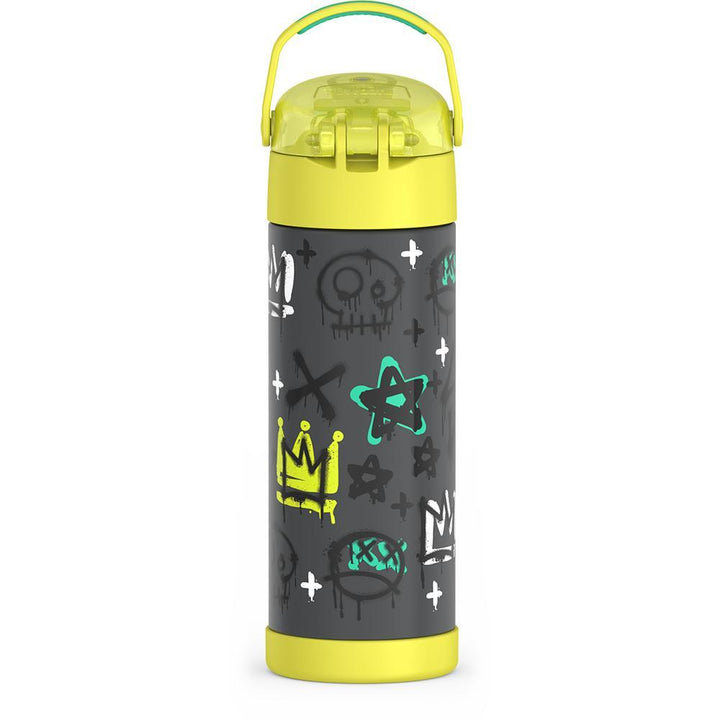 16-ounce Funtainer Stainless Steel Water Bottle with Spout and locking lid,  back view, handle up, Yellow Graffiti.