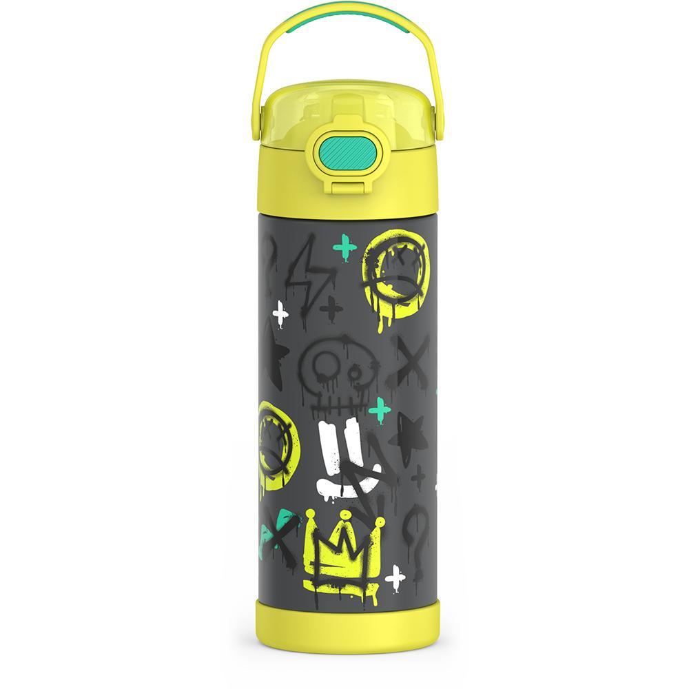 16-ounce Funtainer Stainless Steel Water Bottle with Spout and locking lid, Yellow Graffiti, front view, handle up.