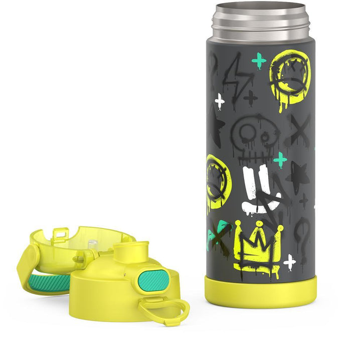 16-ounce Funtainer Stainless Steel Water Bottle with Spout and locking lid, Yellow Graffiti, lid removed and open.