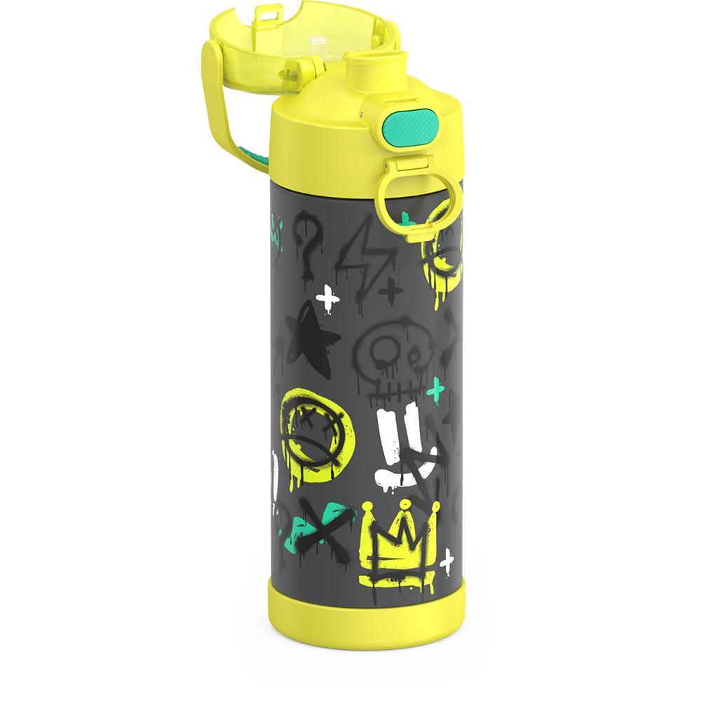 16-ounce Funtainer Stainless Steel Water Bottle with Spout and locking lid, Yellow Graffiti, side view, lid open showing spout.