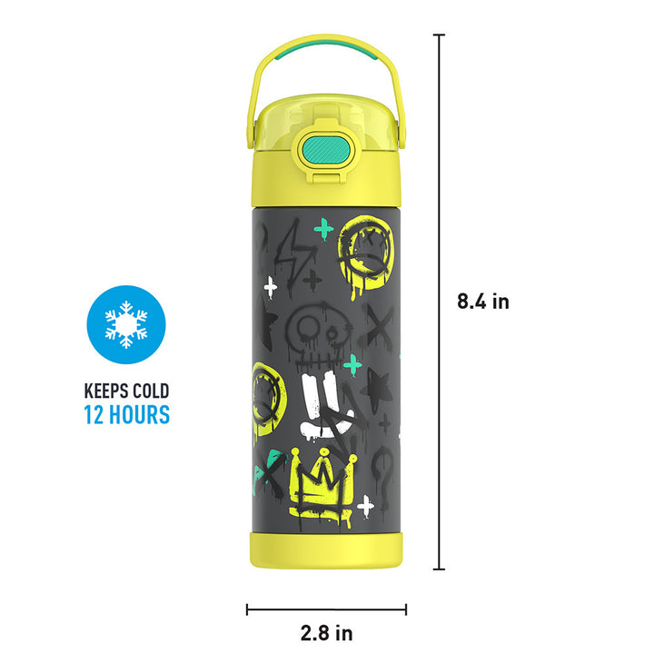 16-ounce Funtainer Stainless Steel Water Bottle with Spout and locking lid, Yellow Graffiti, front view with handle up. 8.4 inches tall, 2.8 inches wide at base. Keeps Cold 12 Hours.