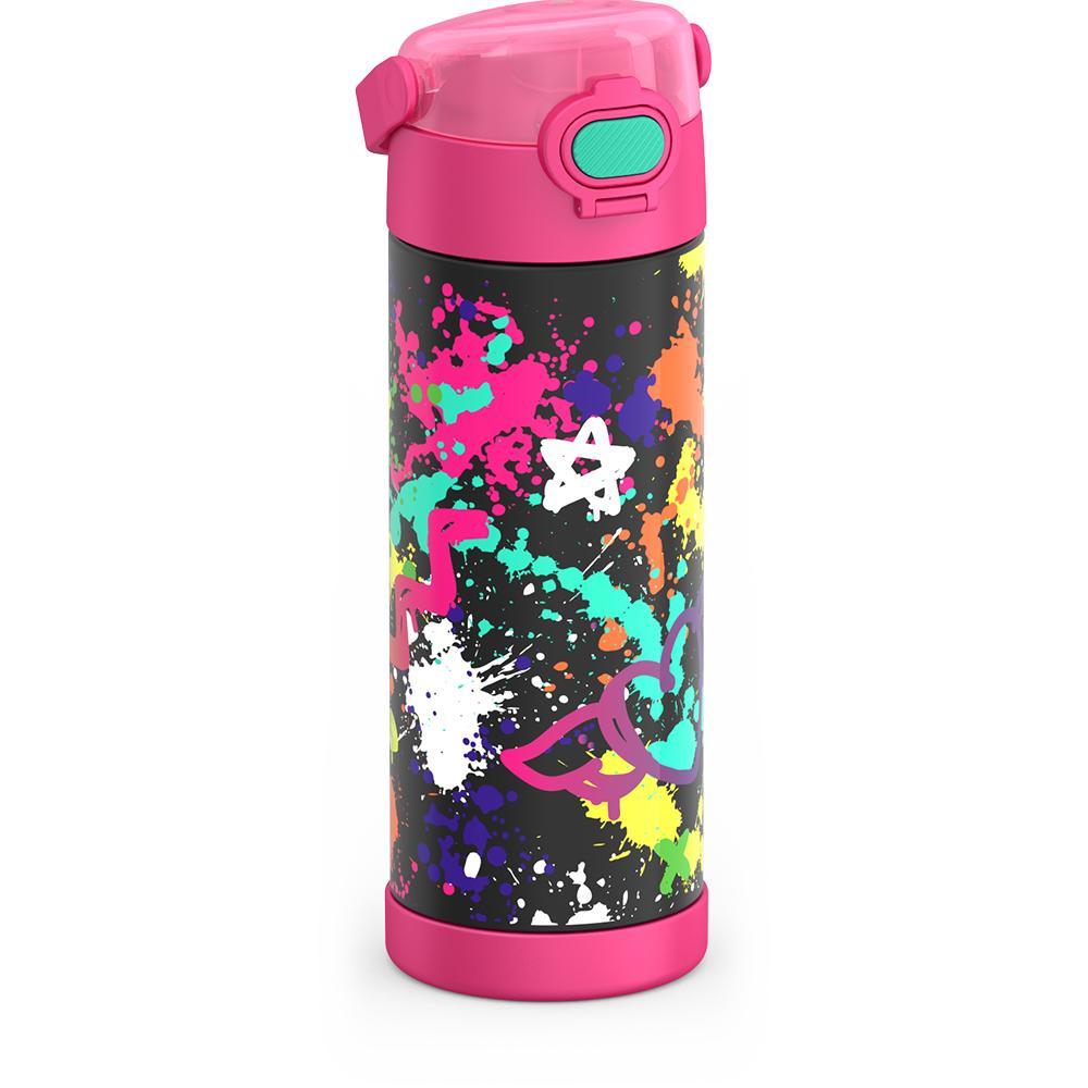 16-ounce Funtainer Stainless Steel Water Bottle with Spout and locking lid, Pink Graffiti, side view, handle down.