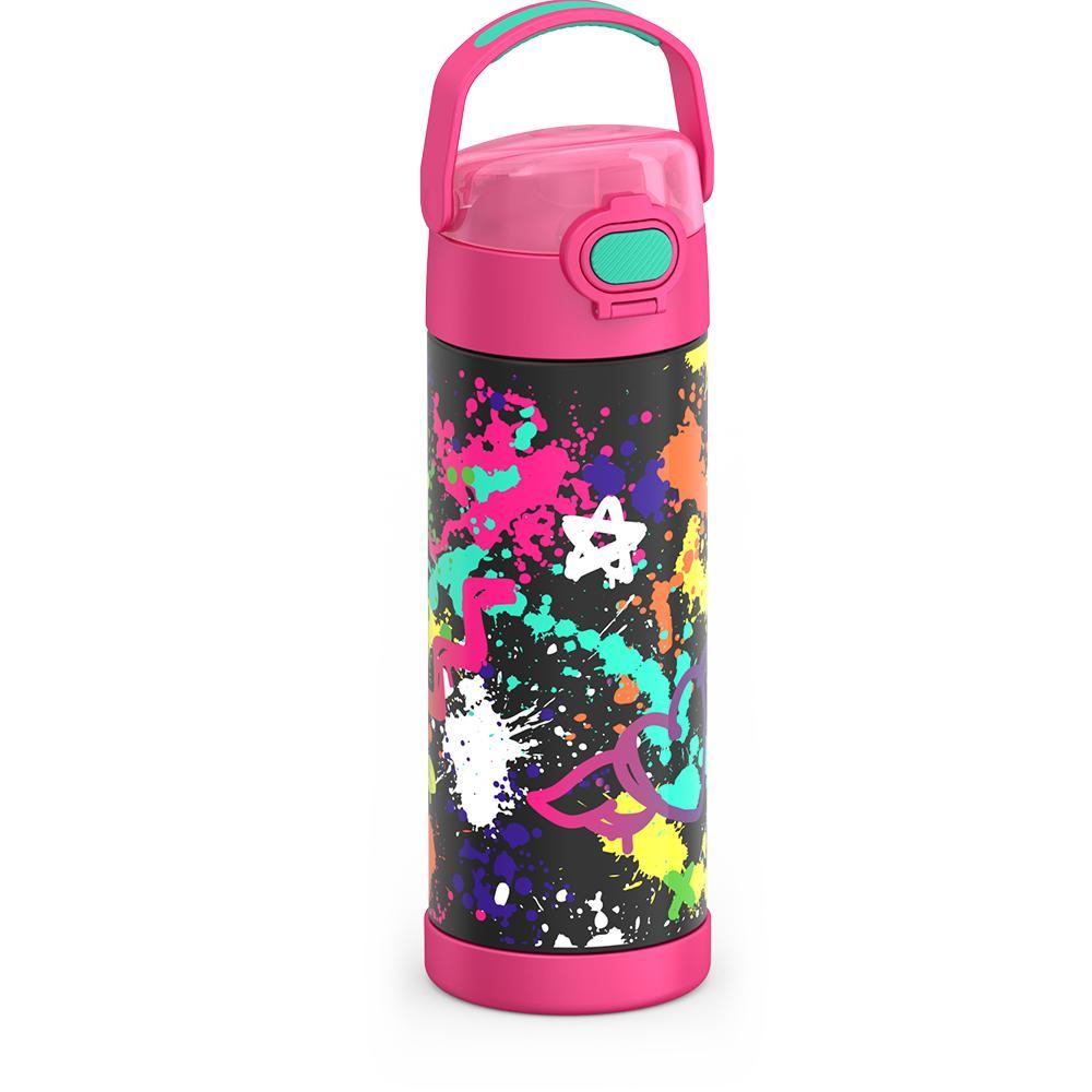 16-ounce Funtainer Stainless Steel Water Bottle with Spout and locking lid, Pink Graffiti, front view, handle up.