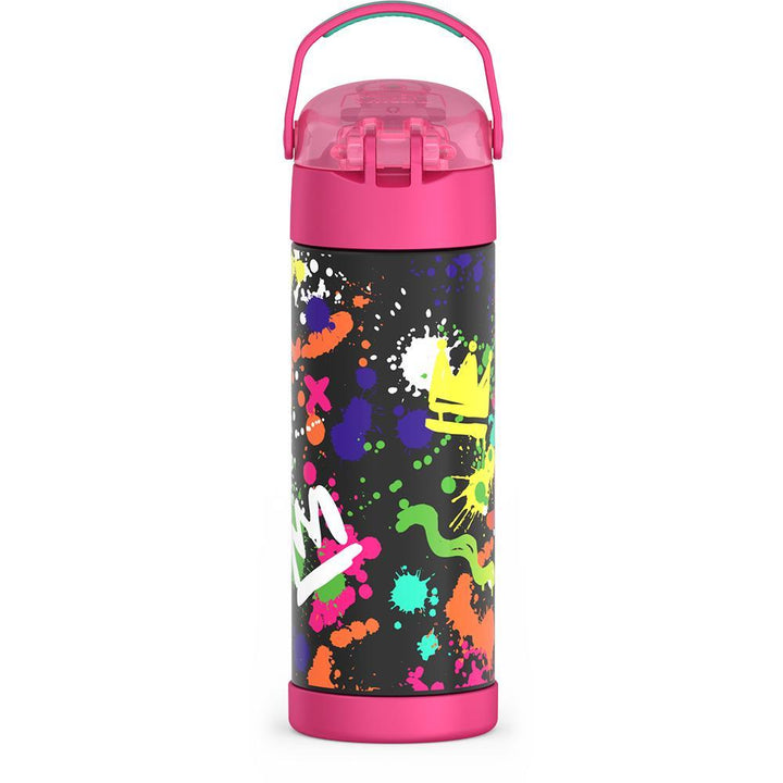 16-ounce Funtainer Stainless Steel Water Bottle with Spout and locking lid,  back view, handle up, Pink Graffiti.