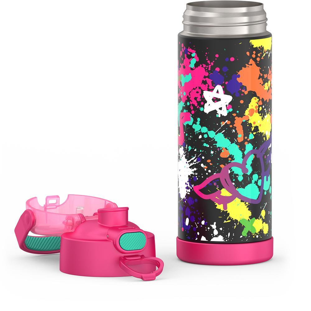 16-ounce Funtainer Stainless Steel Water Bottle with Spout and locking lid, Pink Graffiti, lid removed and open.