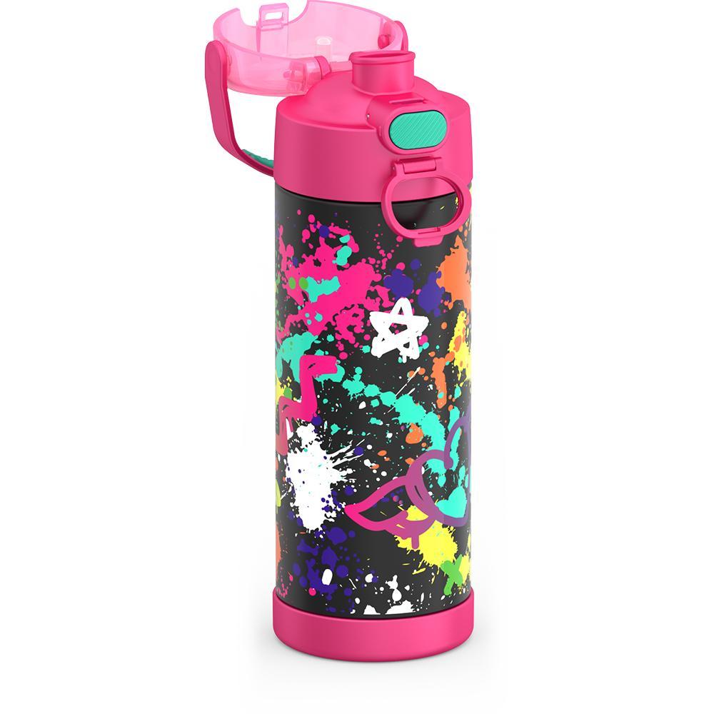 16-ounce Funtainer Stainless Steel Water Bottle with Spout and locking lid, Pink Graffiti, side view, lid open showing spout.