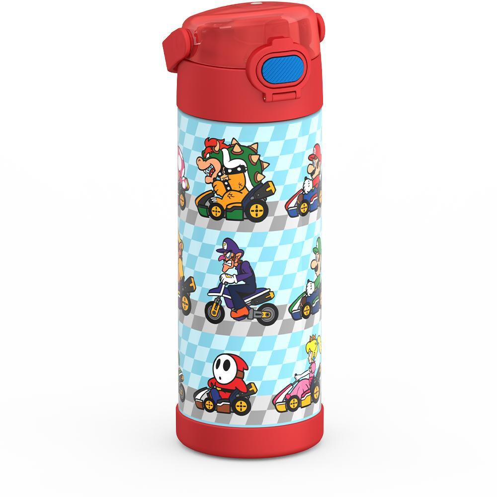 16-ounce Funtainer Stainless Steel Water Bottle with Spout and locking lid, Mario Kart, Red, side view, handle down.