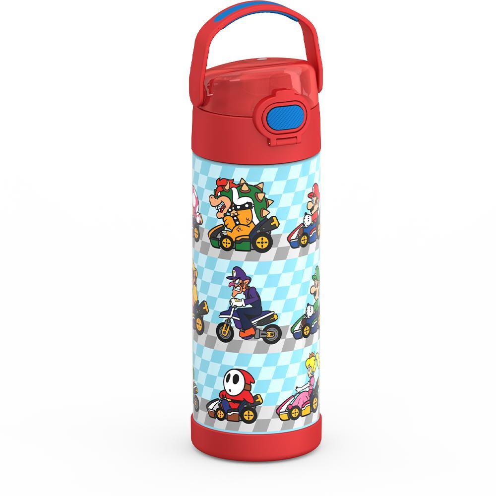 16-ounce Funtainer Stainless Steel Water Bottle with Spout, Mario Kart, Red, side view, handle up.