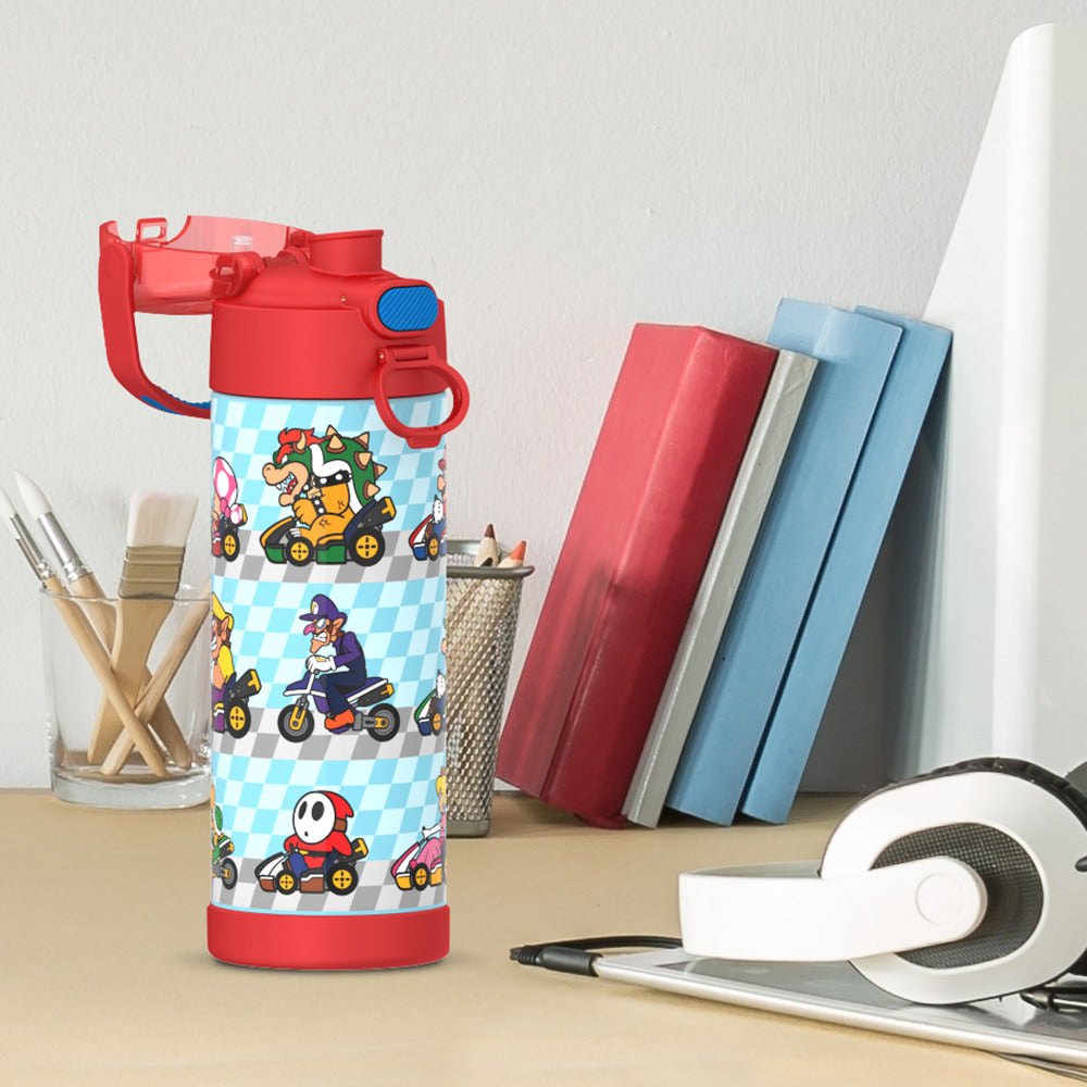 16-ounce Funtainer Stainless Steel Water Bottle with Spout, Mario Kart, Red, side view, lid open, sitting on a table.