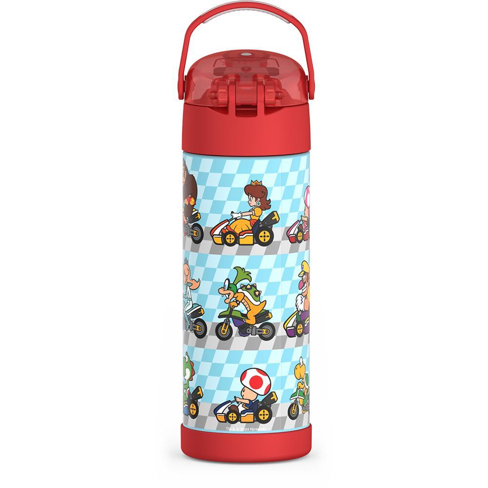 16-ounce Funtainer Stainless Steel Water Bottle with Spout, back view, handle up, Mario Kart, Red.