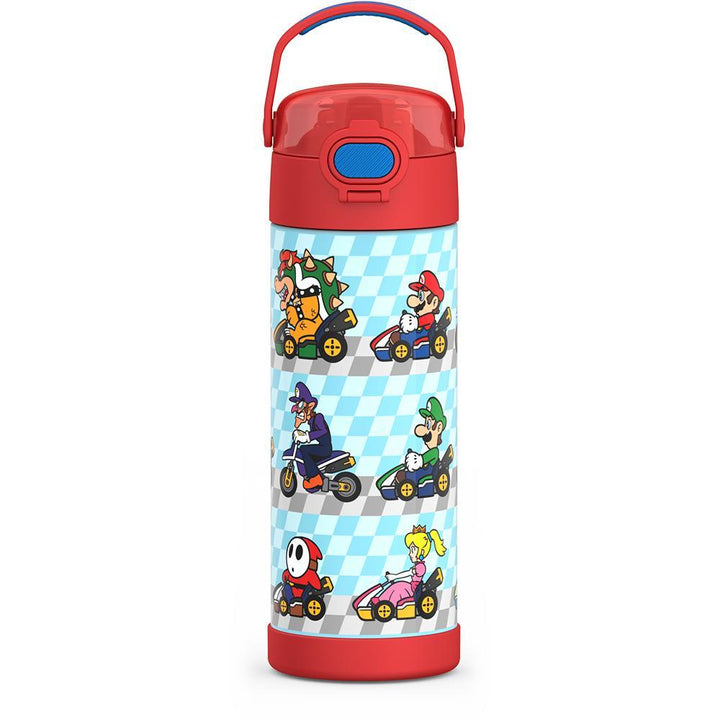 16-ounce Funtainer Stainless Steel Water Bottle with Spout, Mario Kart, Red, front view, handle up.