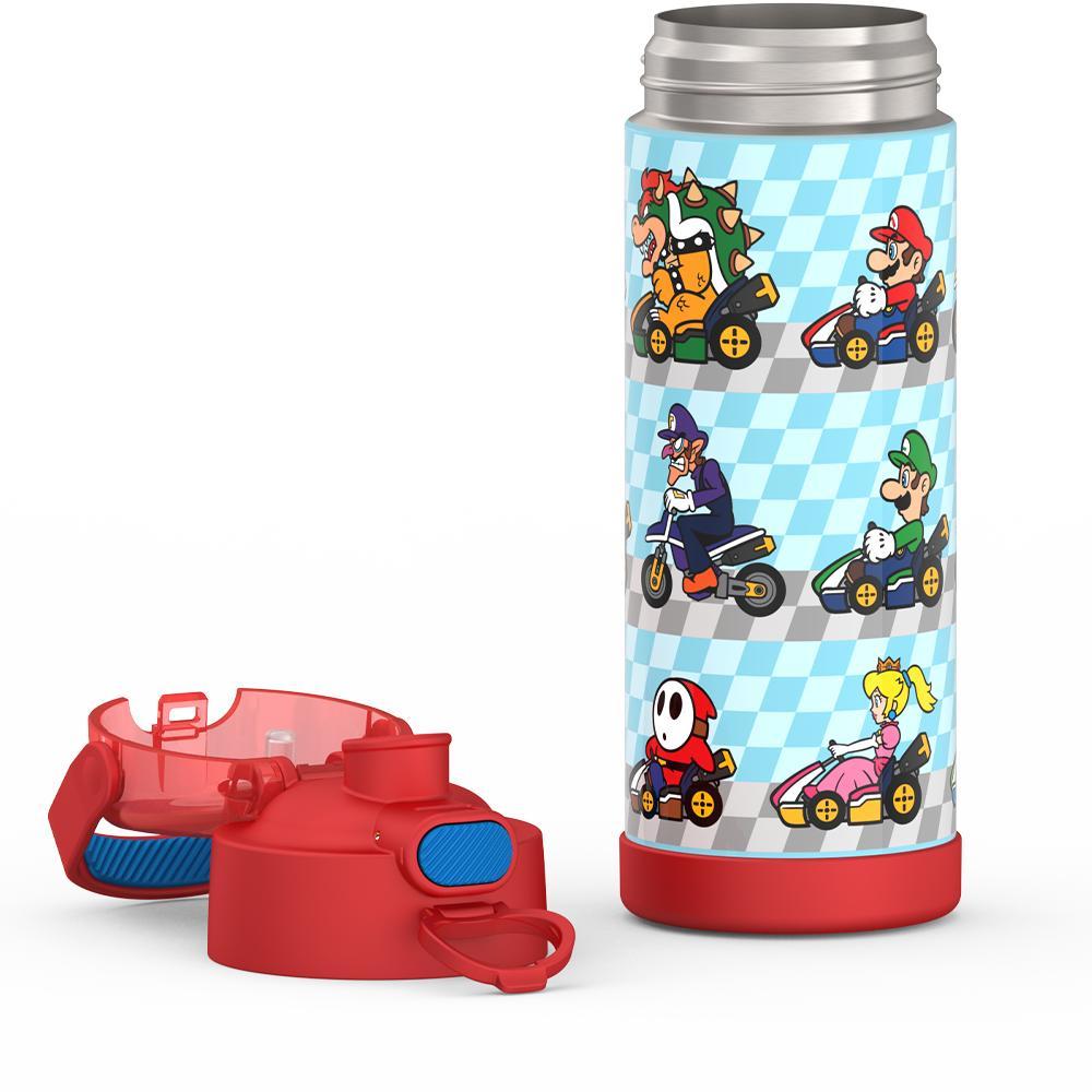 16-ounce Funtainer Stainless Steel Water Bottle with Spout, Mario Kart, Red, unassembled - lid removed.