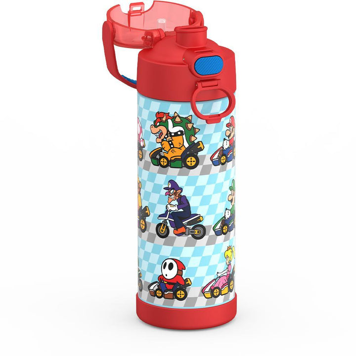 16-ounce Funtainer Stainless Steel Water Bottle with Spout, Mario Kart, Red, side view, lid open showing spout.