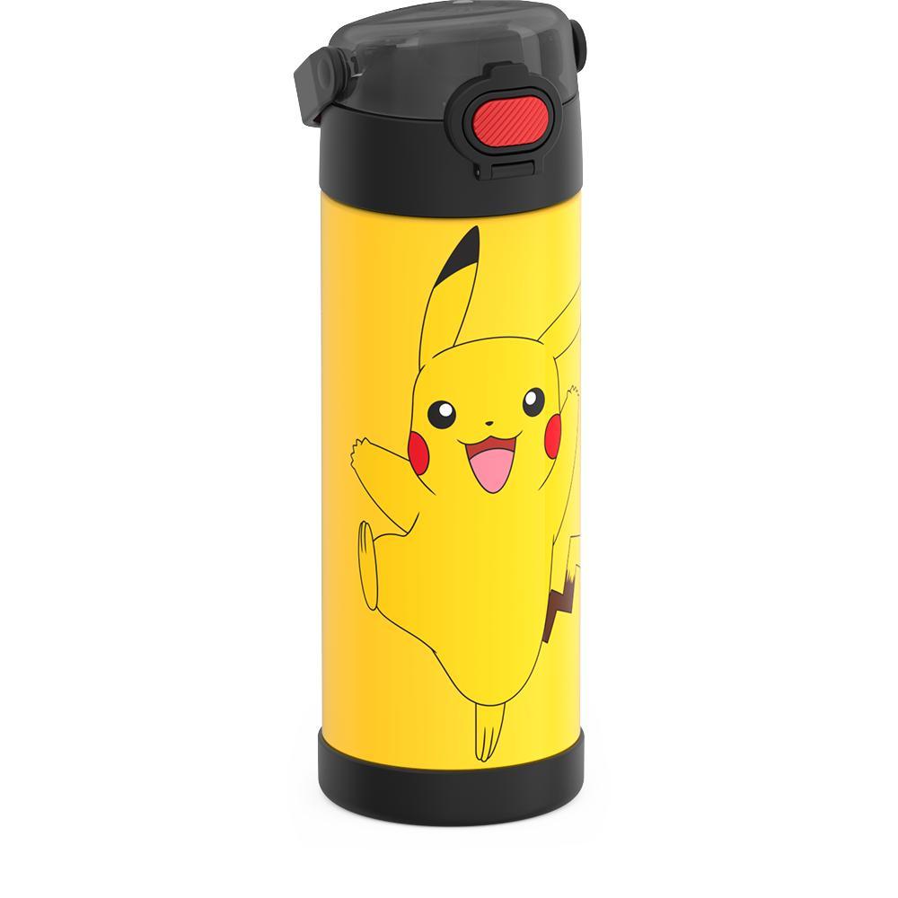 16-ounce Funtainer Stainless Steel Water Bottle with Spout and locking lid, Pokémon Pikachu,Yellow and Black, side view, handle down.