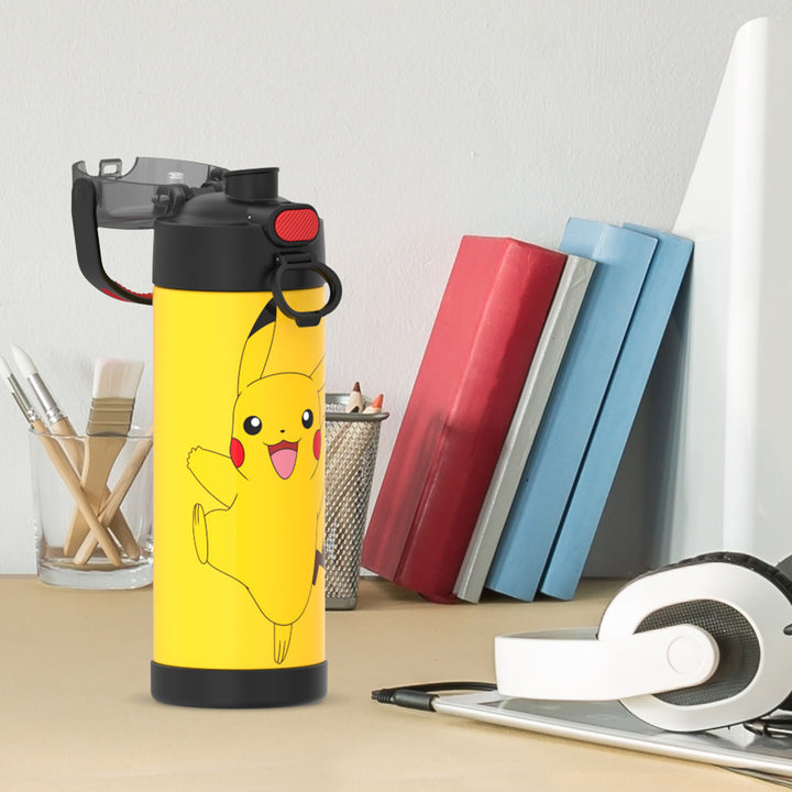  16-ounce Funtainer Stainless Steel Water Bottle with Spout and locking lid, Pokémon Pikachu, Yellow and Black.