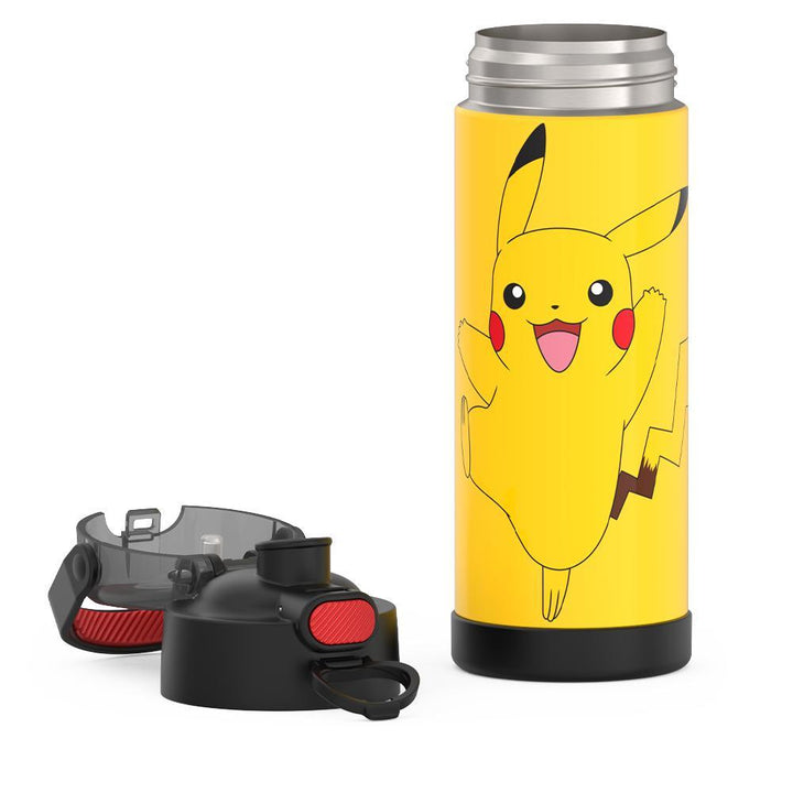 16-ounce Funtainer Stainless Steel Water Bottle with Spout and locking lid, Pokémon Pikachu,Yellow and Black, unassembled - lid removed and open.