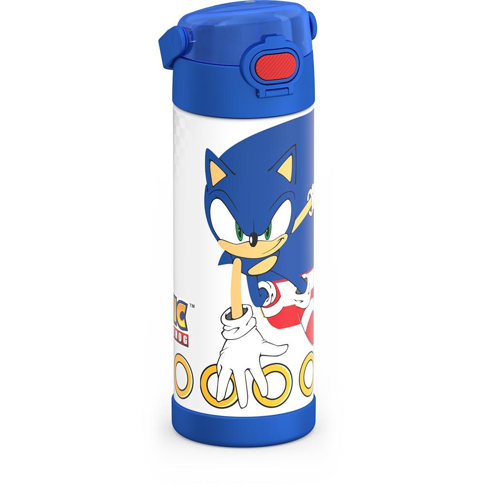 16-ounce Funtainer Stainless Steel Water Bottle with Spout and locking lid, Sonic the Hedgehog, Blue, side view, handle down.