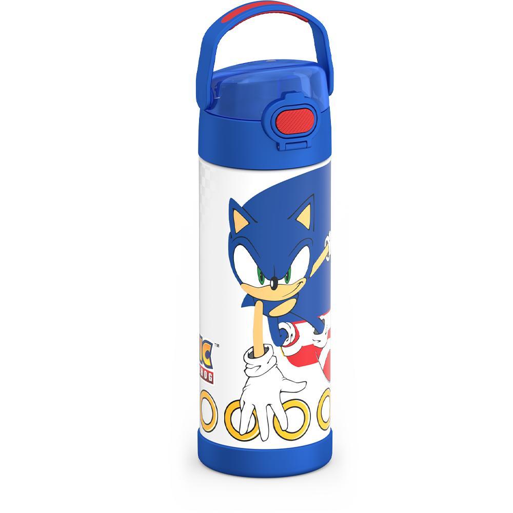 16-ounce Funtainer Stainless Steel Water Bottle with Spout and locking lid, Sonic the Hedgehog, Blue, side view, handle up.