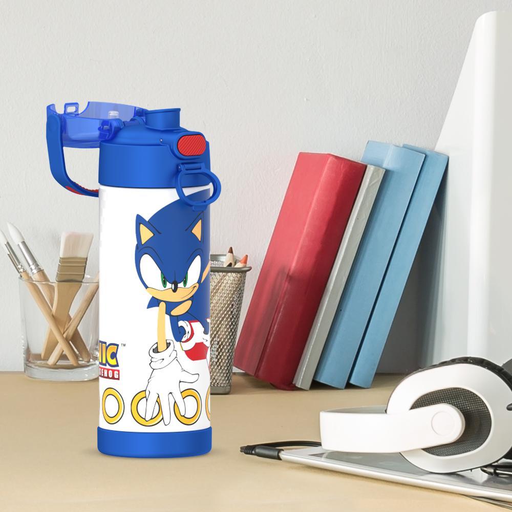 16-ounce Funtainer Stainless Steel Water Bottle with Spout, Sonic the Hedgehog, Blue, side view, lid open, sitting on a table.